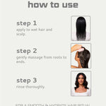 Instructional graphic titled 'how to use' showing three steps for applying and rinsing a hair product, with small photos of wet and styled dark hair on a light beige background.