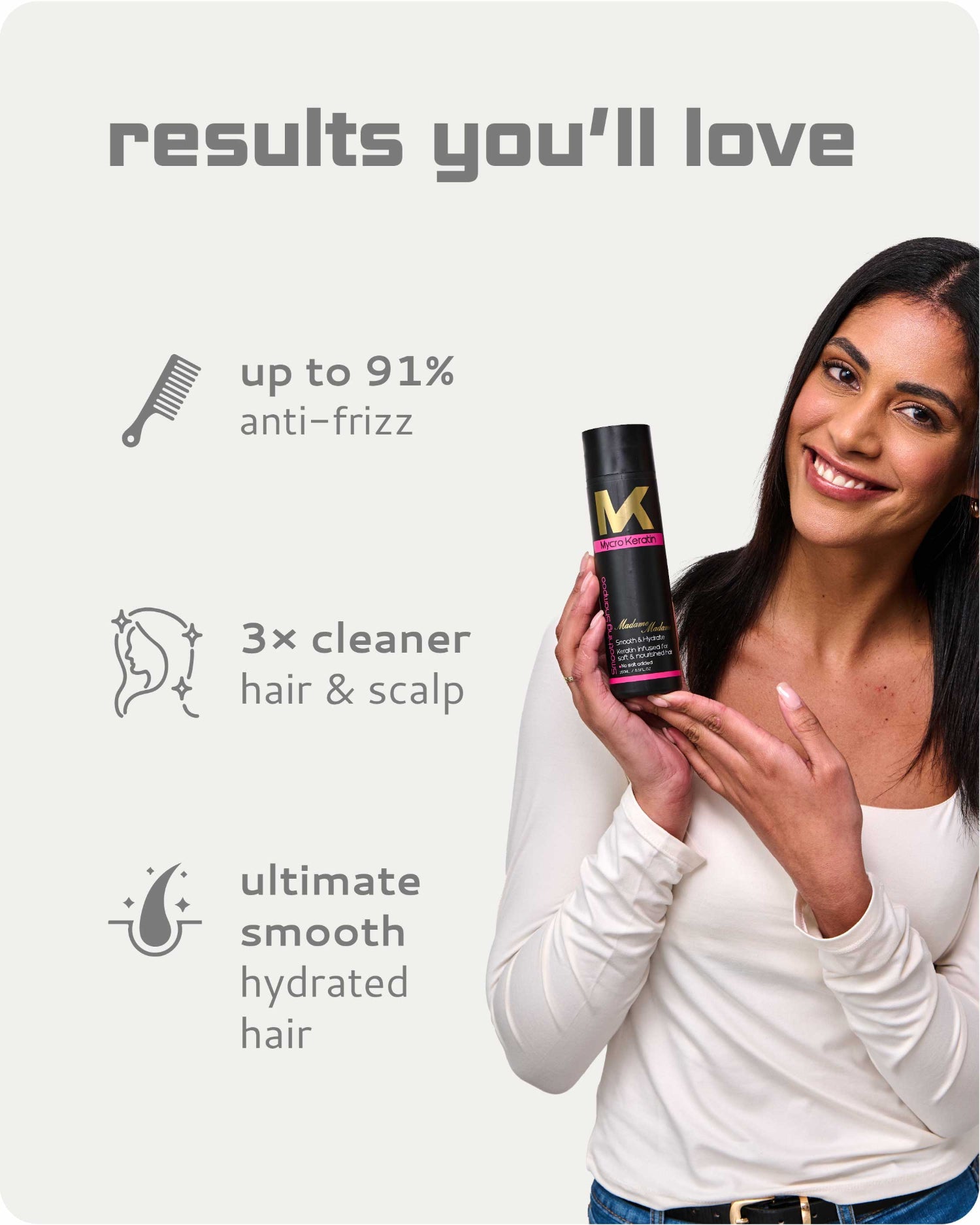 Woman holding a hair care product with text highlighting benefits on a white background