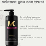 A bottle of Mycro Keratin smoothing shampoo on a light gray background with marketing text. The bottle is black with a gold 'M' logo, a pink band, and white text.