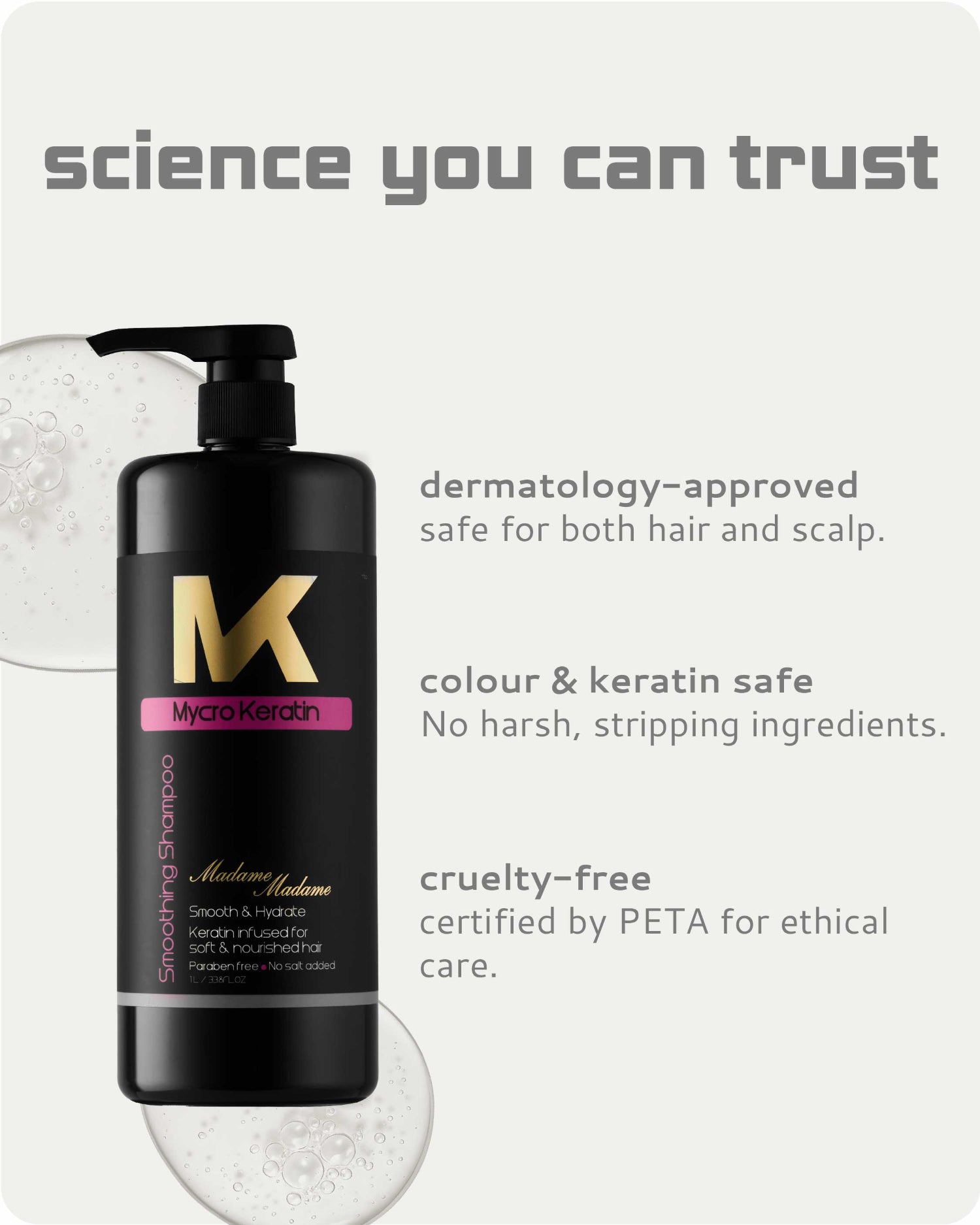 A bottle of Mycro Keratin smoothing shampoo on a light gray background with marketing text. The bottle is black with a gold 'M' logo, a pink band, and white text.