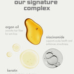 An informational graphic titled 'our signature complex' on a light warm-gray background, showing three ingredient droplets: golden argan oil, pale yellow keratin droplets, and a silver-gray niacinamide droplet, with short text describing each ingredient's benefits.