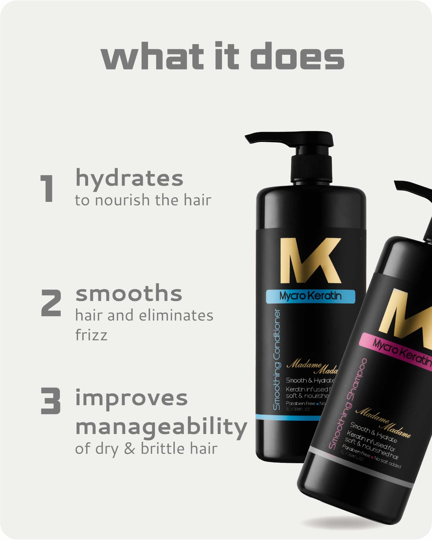 Two black pump bottles of Mycro Keratin hair care products on a light gray background with text reading 'what it does' and three numbered benefits about hydration, smoothing, and manageability.