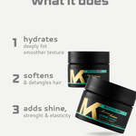 Two black hair care products with gold and green text on a white background, featuring text about product benefits = hydrates, softens and adds shine. 