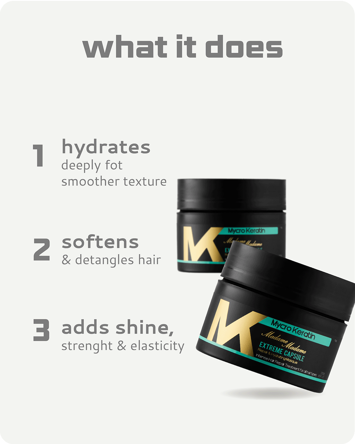 Two black hair care products with gold and green text on a white background, featuring text about product benefits = hydrates, softens and adds shine. 