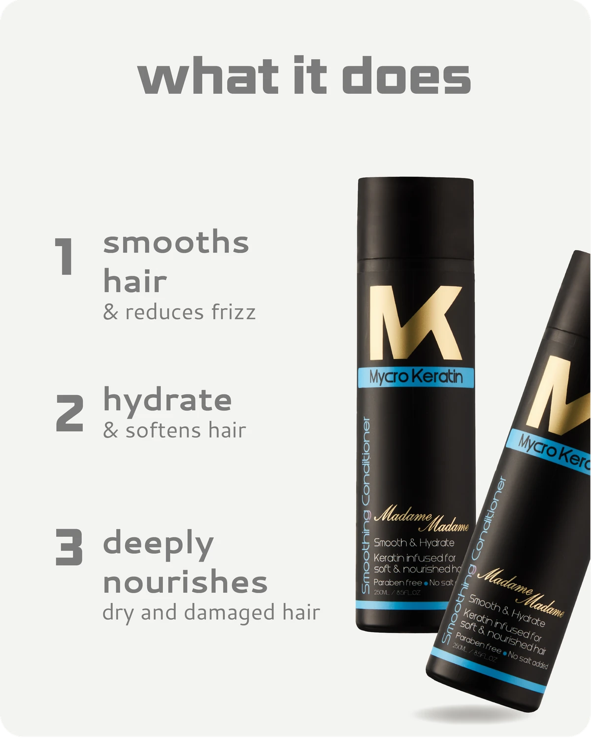 Two bottles of Madame conditioner with text highlighting their benefits on a white background.