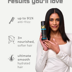 Woman holding Madame conditioner with text highlighting benefits on a white background