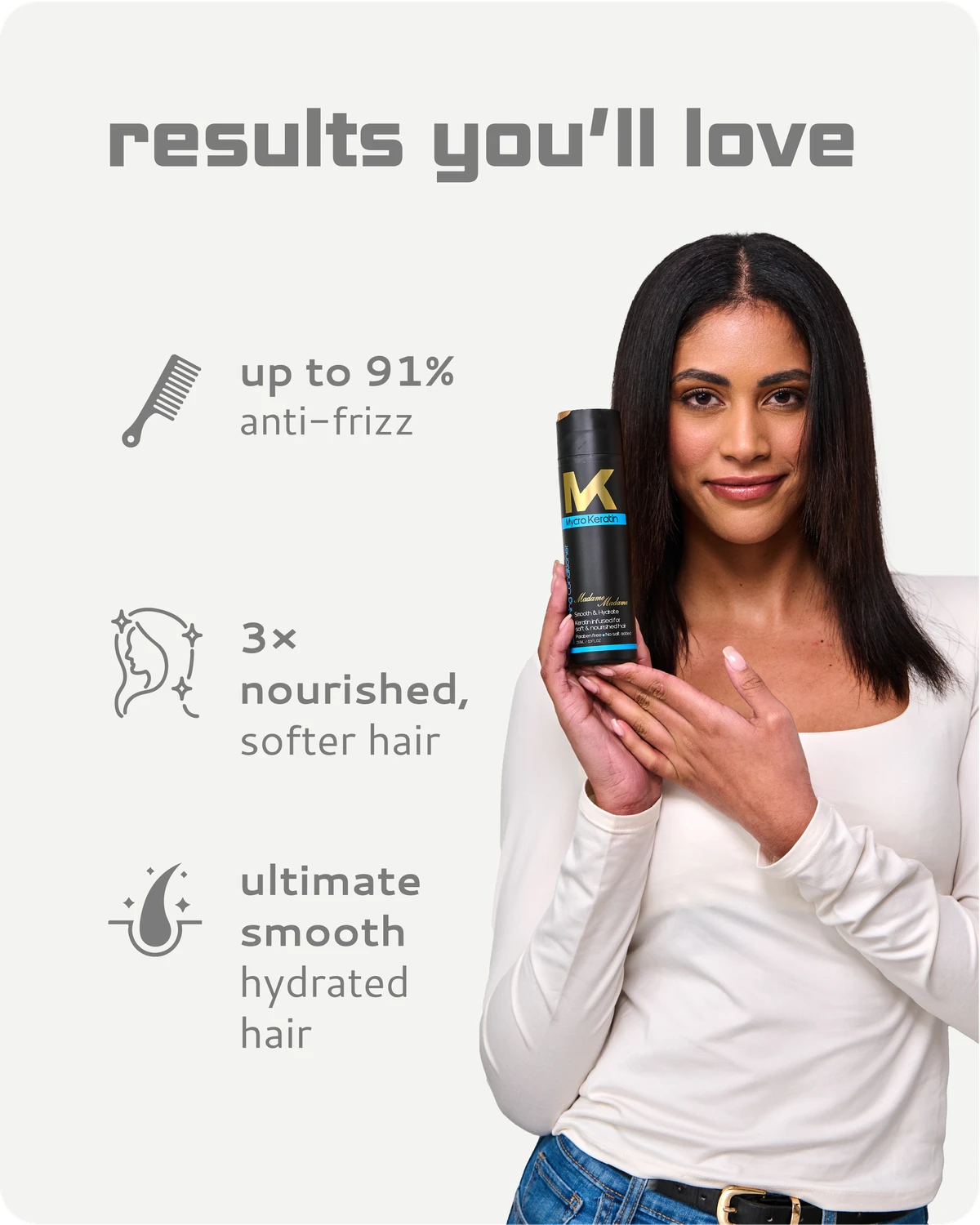 Woman holding Madame conditioner with text highlighting benefits on a white background