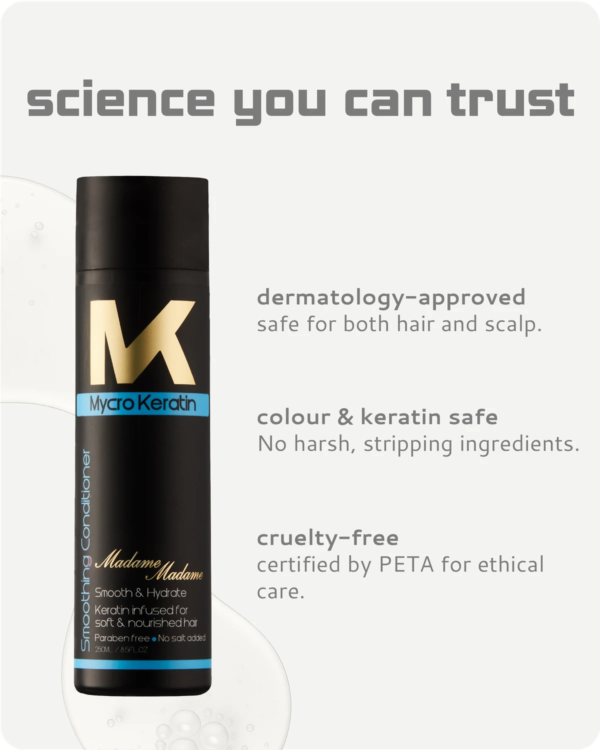 Madame conditioner with branding and safety features highlighted on a light gray background
