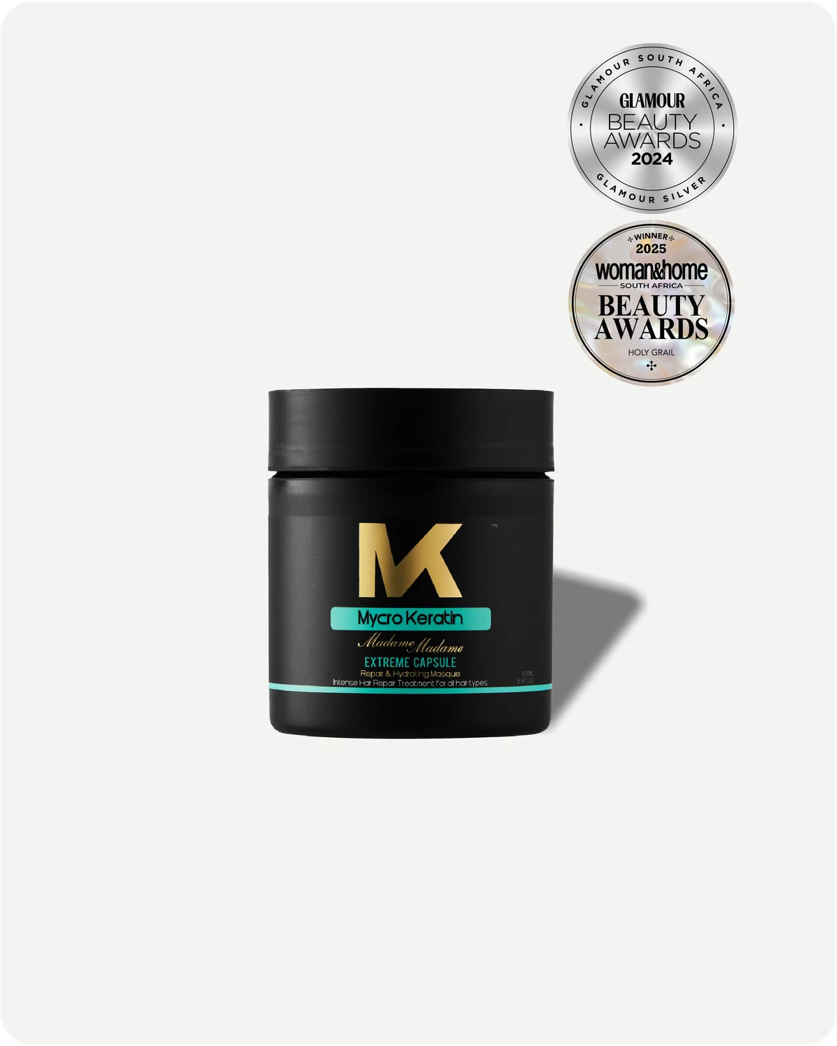 Madame Masque 500ml on a white background, featuring awards above it.