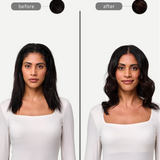 Before and after comparison of a woman with styled hair.