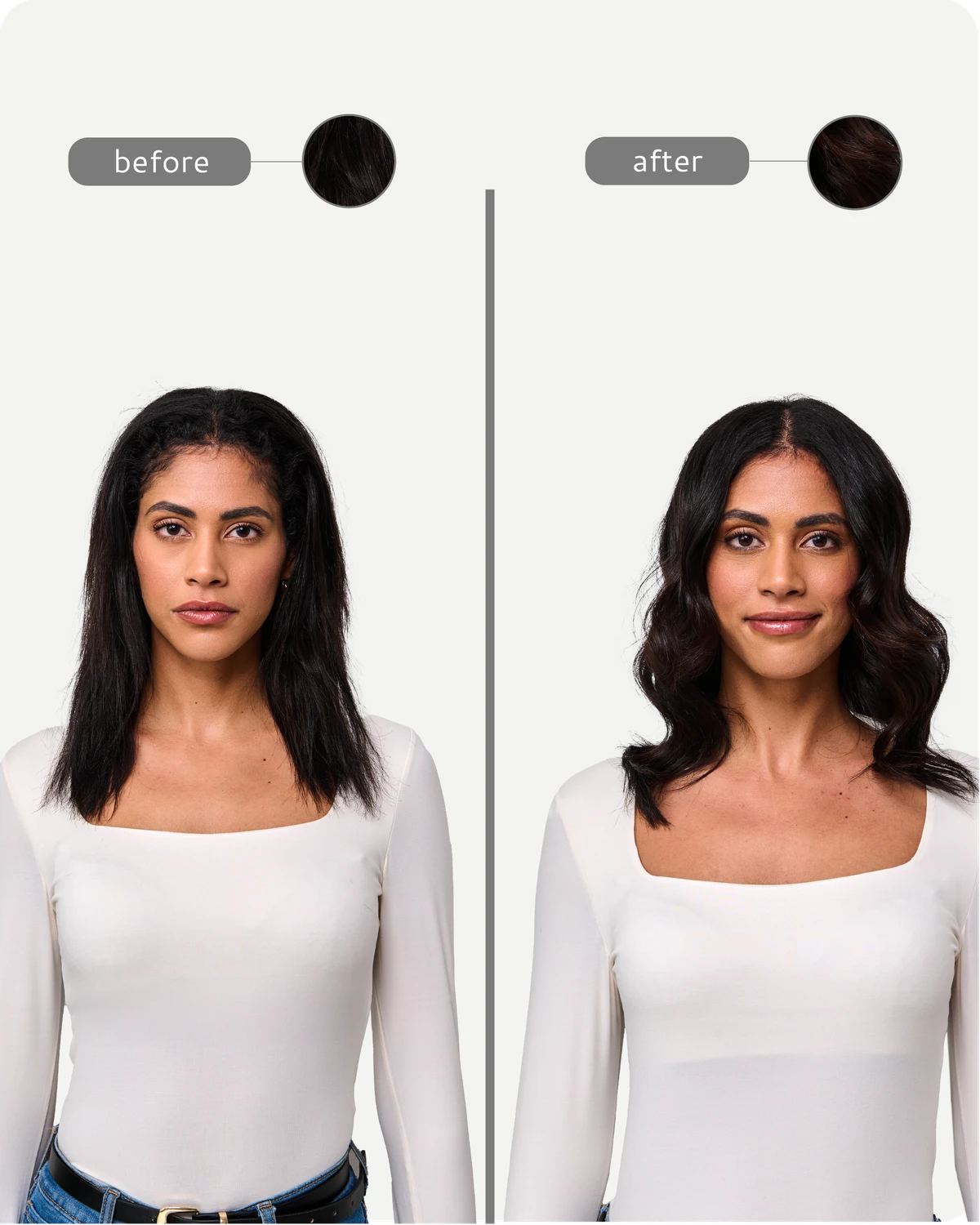 Before and after comparison of a woman with styled hair.