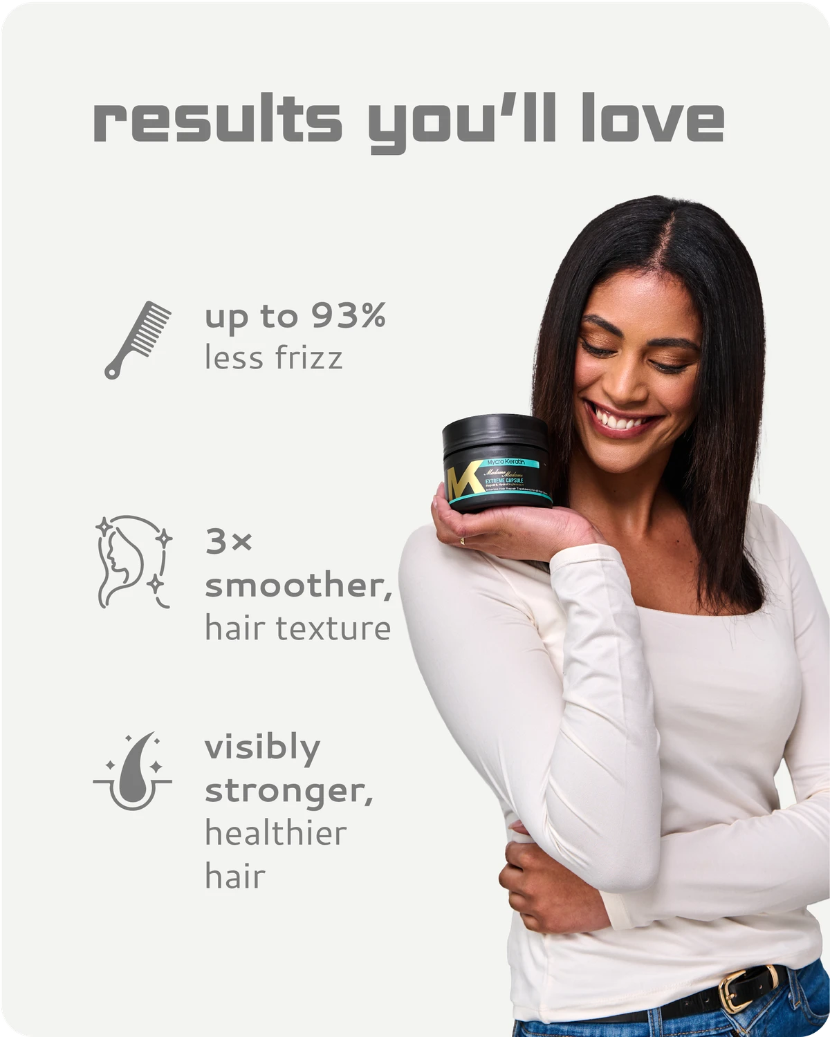 Woman holding Madame Masque packaging with text highlighting results on a white background