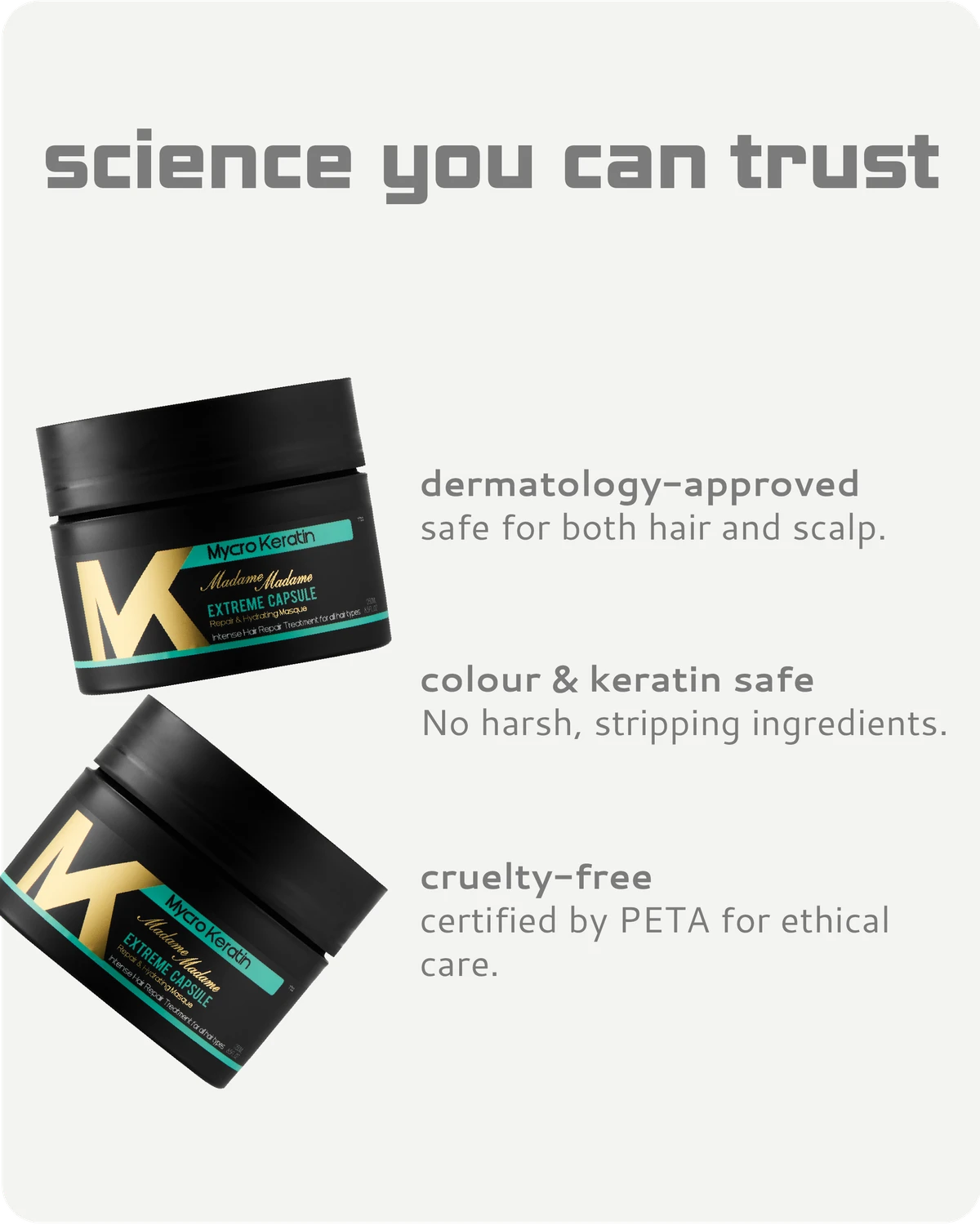 Two black Madame Masque with gold logo on a white background, featuring text about product safety and ethics.