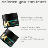 Two black Madame Masque with gold logo on a white background, featuring text about product safety and ethics.