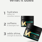 Two Madame Masques with gold and green text on a white background, featuring text about product benefits.