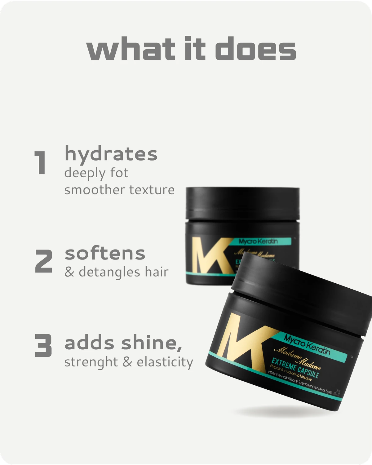 Two Madame Masques with gold and green text on a white background, featuring text about product benefits.