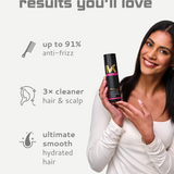 Woman holding a bottle of Madame smooth and hydrate shampoo  with text highlighting benefits on a white background