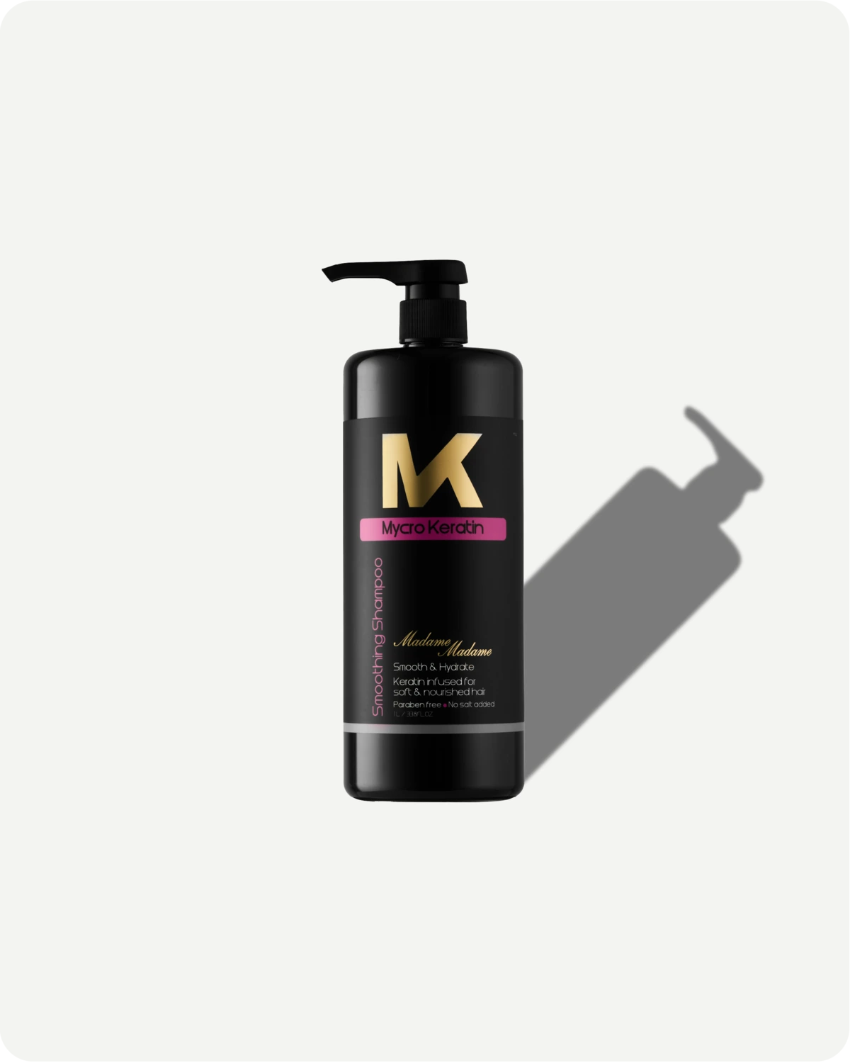 Madame smooth and hydrate shampoo 1L bottle with gold logo on a white background