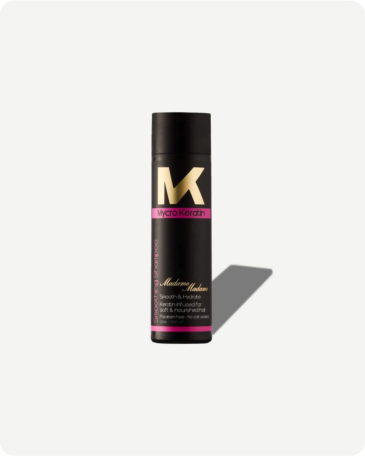 Madame smooth and hydrate shampoo bottle with brand logo on a white background