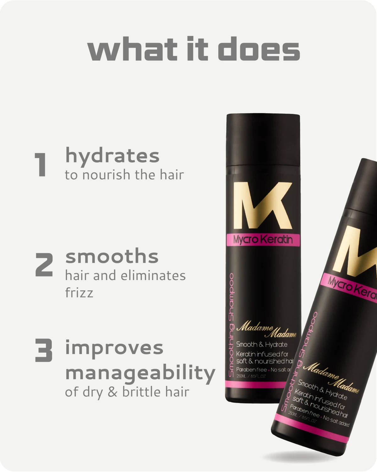 Two bottles of Madame smooth and hydrate shampoo with text describing their benefits on a white background.