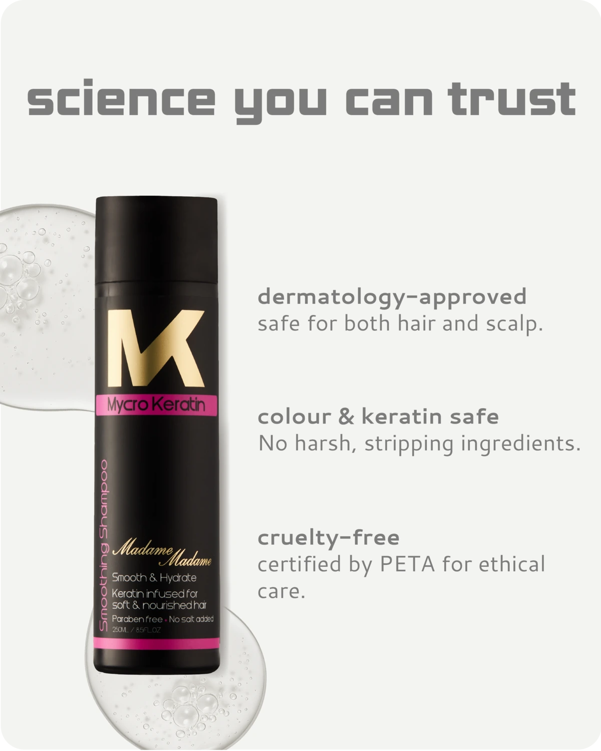 Bottle of Madame smooth and hydrate shampoo product with branding and safety features listed on a white background.