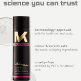 Bottle of Madame smooth and hydrate shampoo product with branding and safety features listed on a white background.