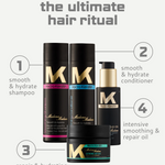 MK Madame hair care product lineup with labeled steps for an 'ultimate hair ritual' on a white background.