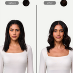 Before and after comparison of a woman with styled hair.