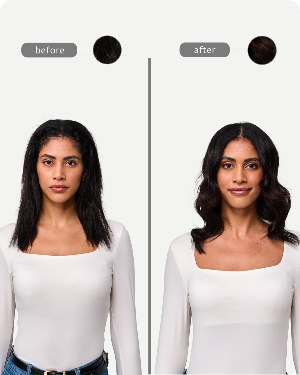 Before and after comparison of a woman with styled hair.
