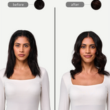 Before and after comparison of a woman with styled hair.