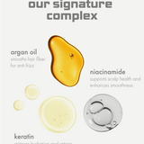 Illustration of argan oil, niacinamide, and keratin with text on a white background