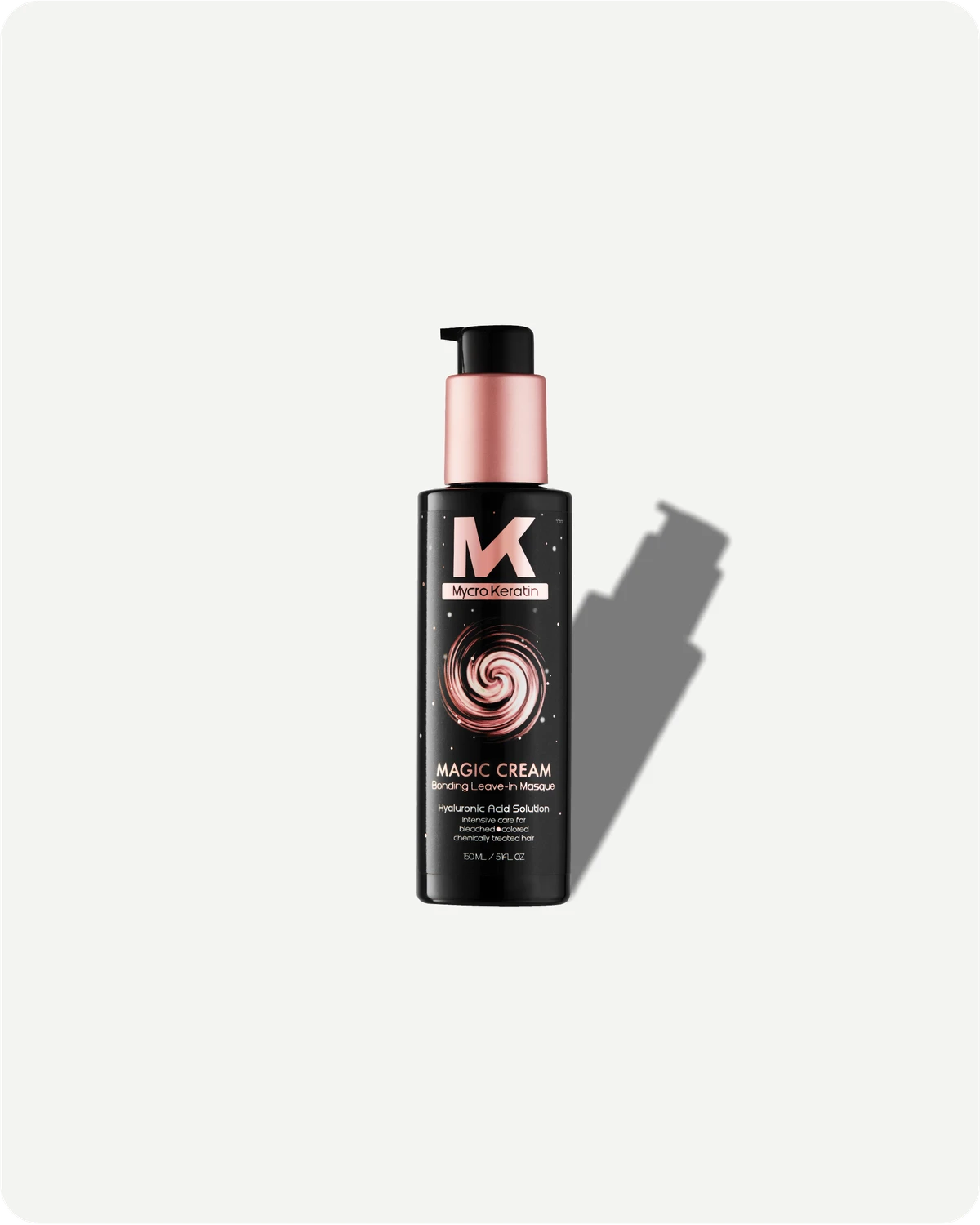 Black bottle of Magic Cream with pink pump on a white background