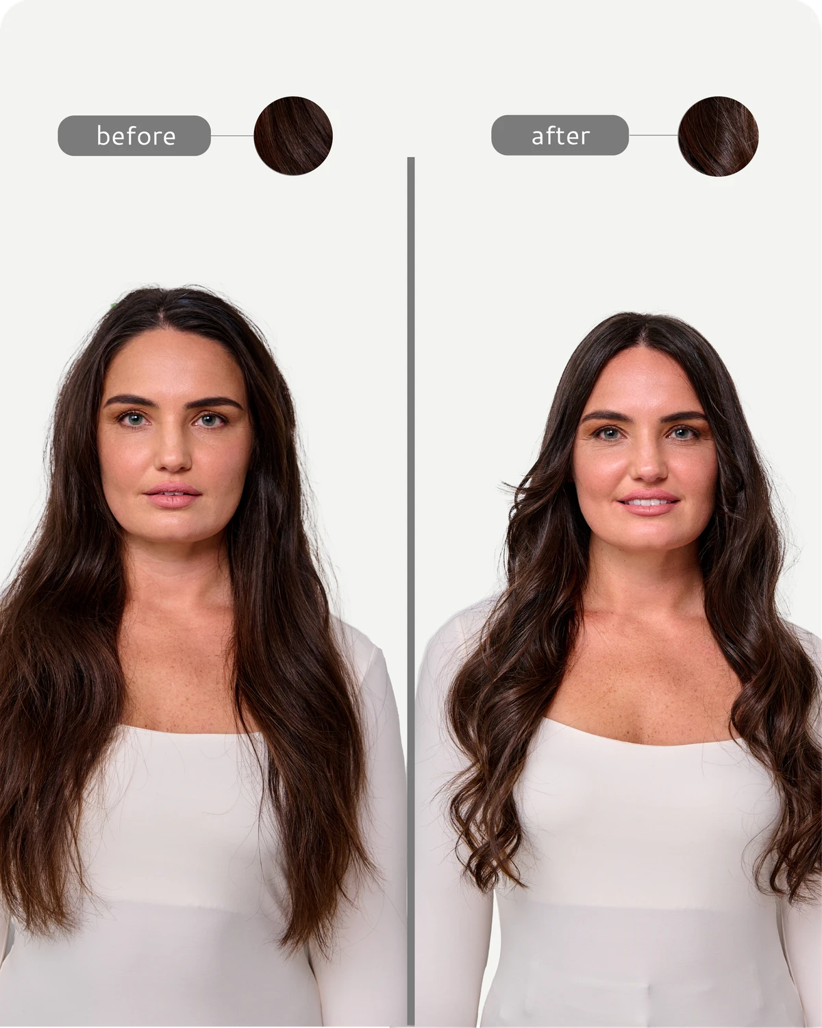 Before and after comparison of a woman with styled hair on a plain background