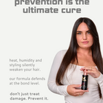 Woman holding a Magic Cream with text about hair care on a light gray background