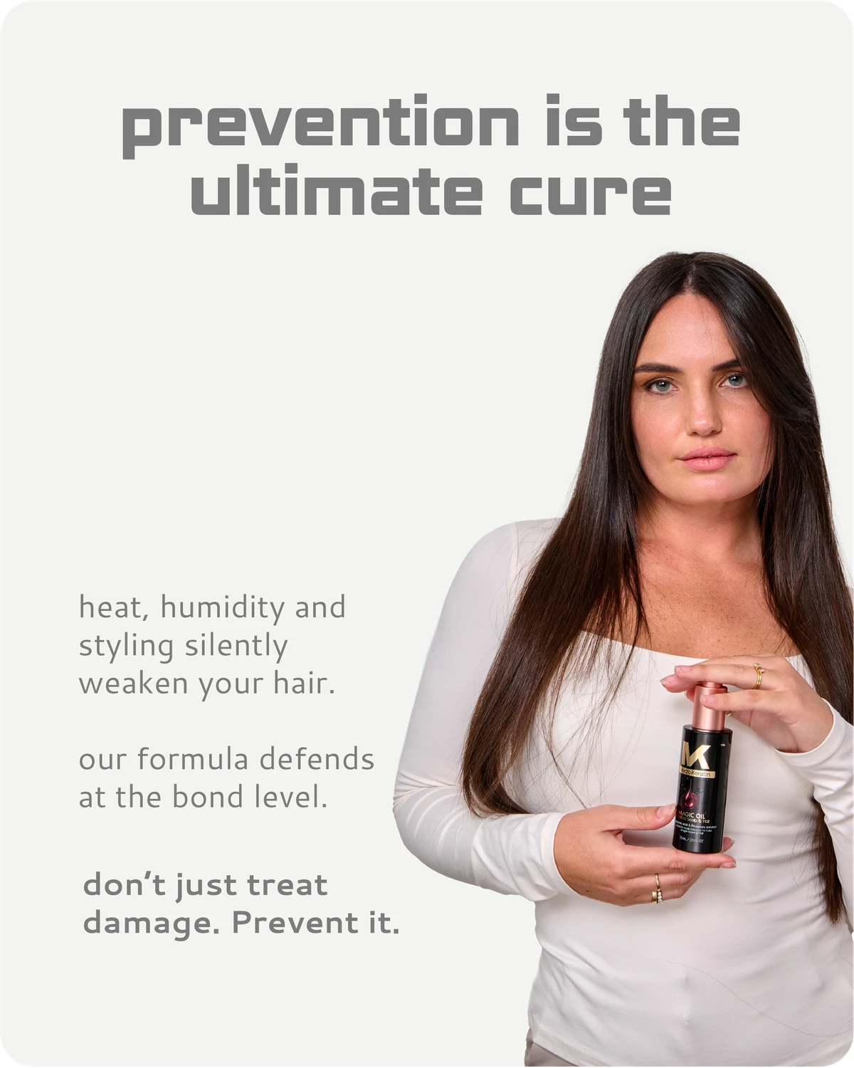 Woman holding a Magic Cream with text about hair care on a light gray background