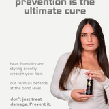 Woman holding a Magic Cream with text about hair care on a light gray background