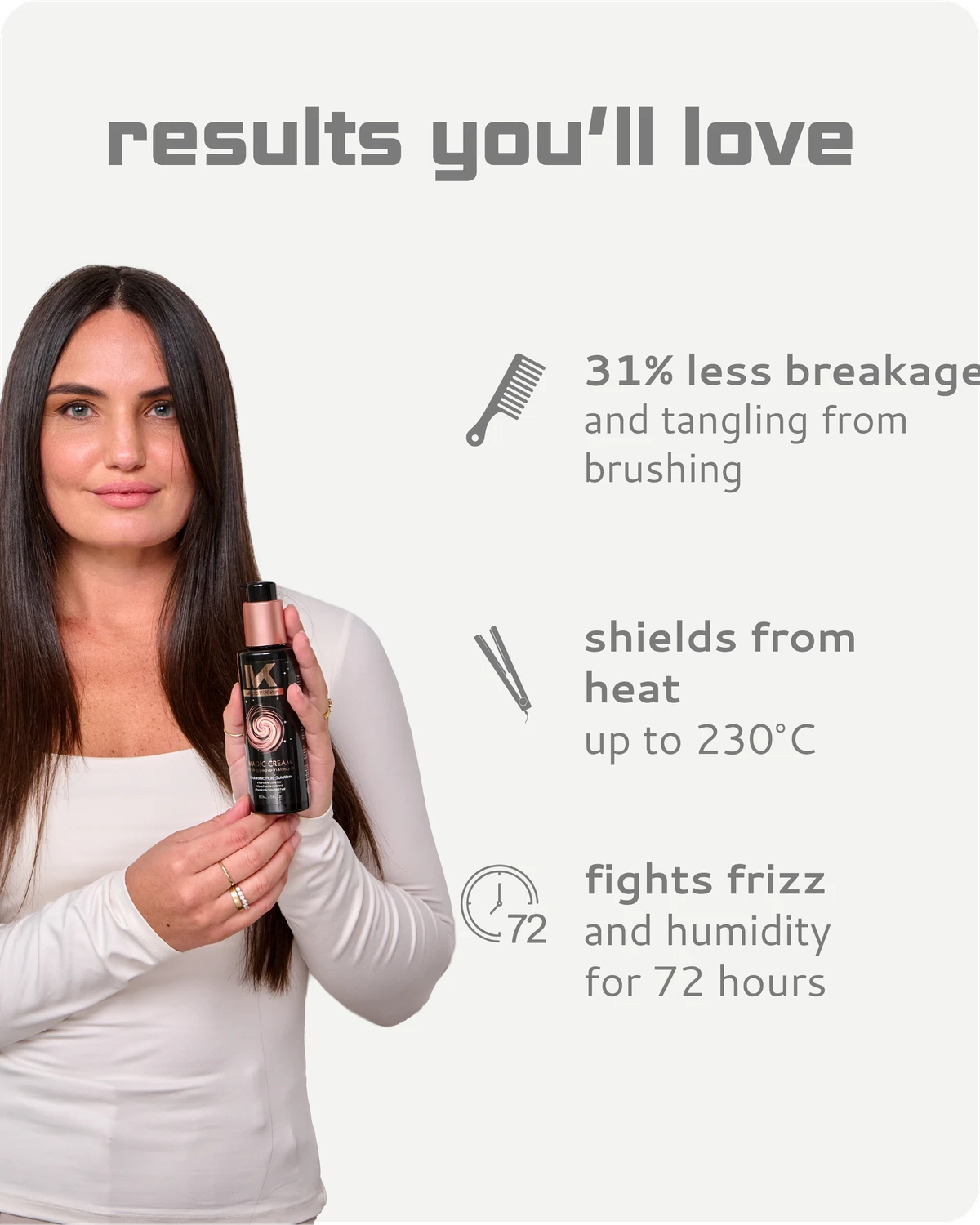 Woman holding a Magic Cream with text about its benefits on a light gray background