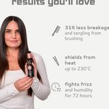 Woman holding a Magic Cream with text about its benefits on a light gray background