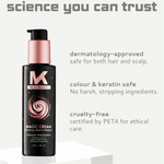 Magic Cream bottle with branding and product features on a light gray background