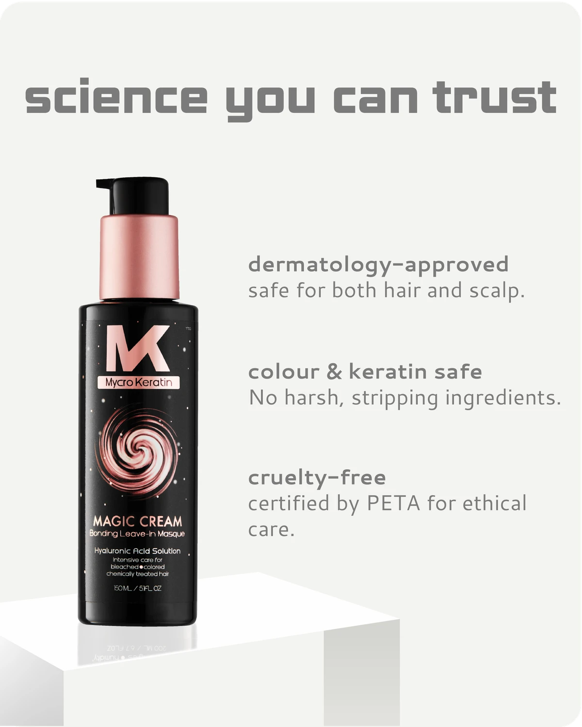 Magic Cream bottle with branding and product features on a light gray background