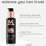 Magic Cream bottle with branding and product features on a light gray background