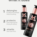 Two bottles of Magic Cream hair care products with text detailing their benefits on a light gray background.