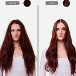 Before and after comparison of a person with long red hair, showing a close-up of the hair texture change.