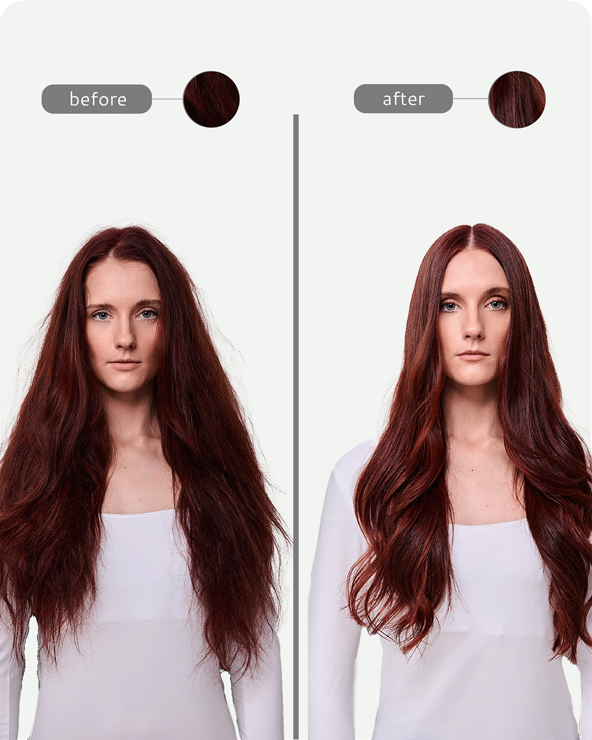 Before and after comparison of a person with long red hair, showing a close-up of the hair texture change.