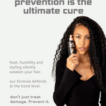 Woman holding a hair product with text about hair care on a light gray background