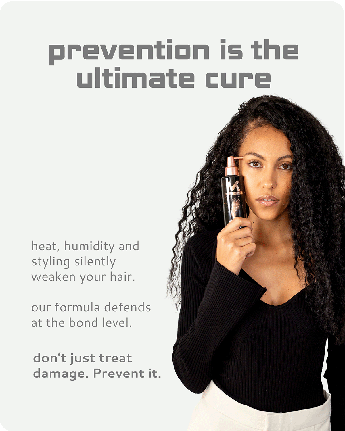 Woman holding a hair product with text about hair care on a light gray background