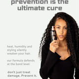 Woman holding a hair product with text about hair care on a light gray background