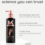 mycro Keratin Magic Mist bottle with product features on a white background