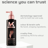 mycro Keratin Magic Mist bottle with product features on a white background