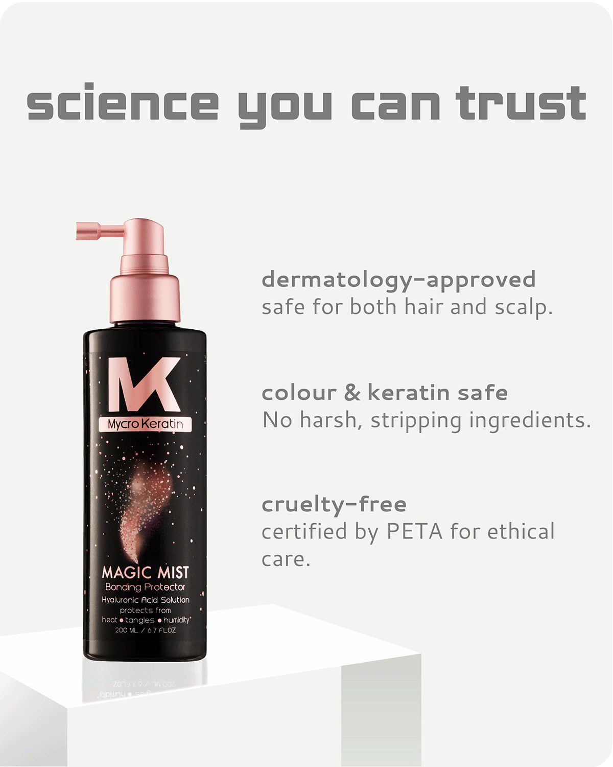 mycro Keratin Magic Mist bottle with product features on a white background